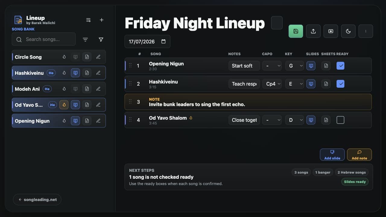 A Lineup app screen for preparing songleading sets